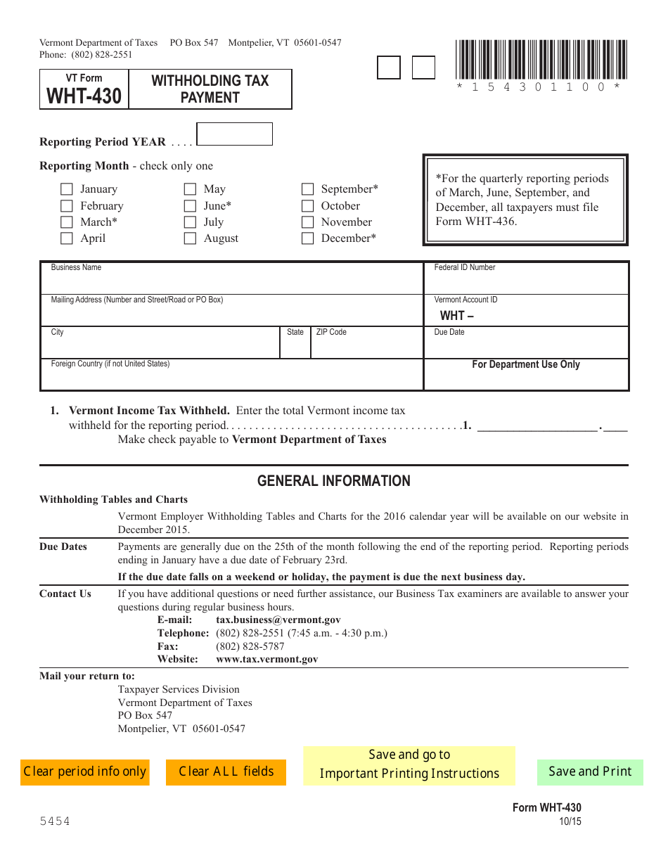 VT Form WHT-430 Withholding Tax Payment - Vermont, Page 1