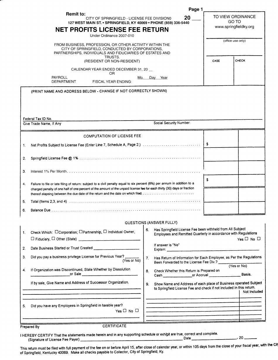 Net Profits License Fee Return Form - City of Springfield, Kentucky, Page 1