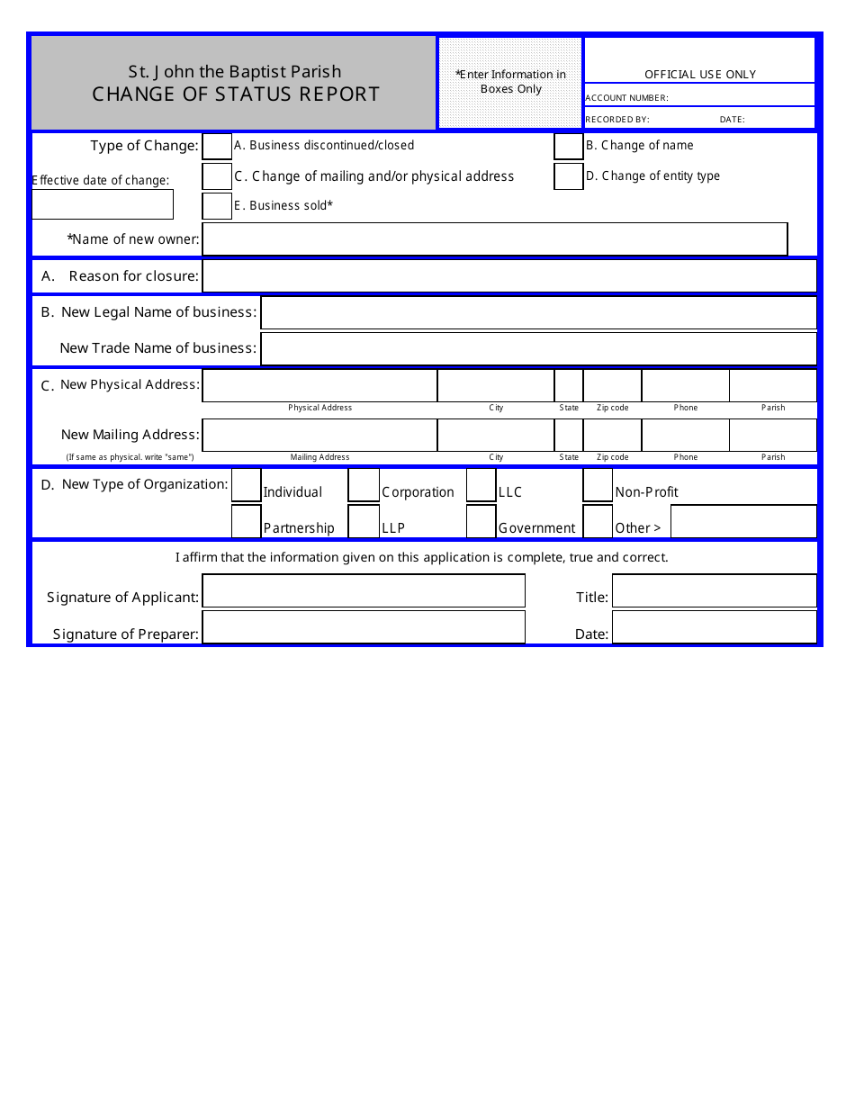 Change of Status Report Form - St. John the Baptist Parish, Page 1