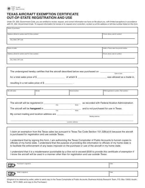 Form 01-907 Texas Aircraft Exemption Certificate Out-of-State Registration and Use - Texas