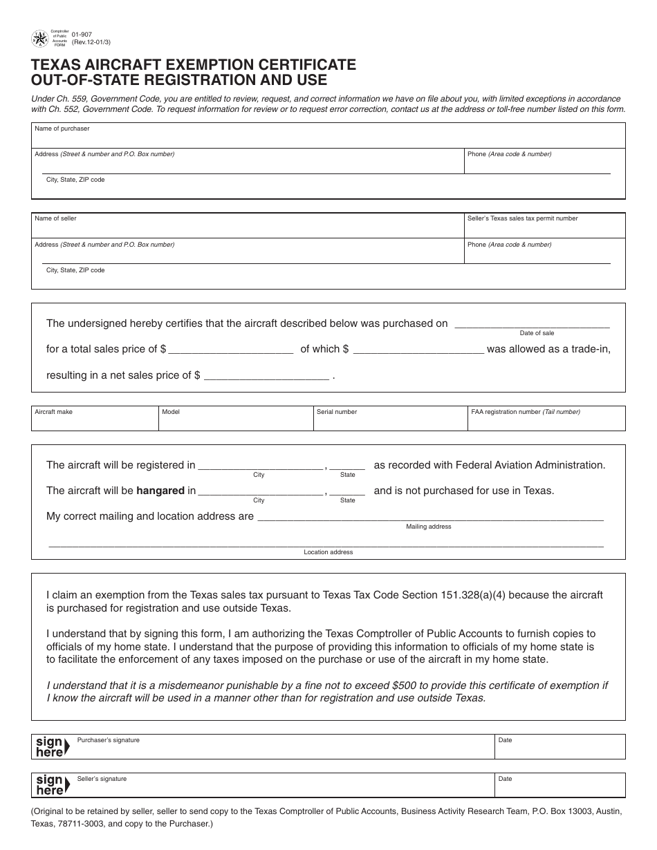 Form 01-907 Texas Aircraft Exemption Certificate Out-of-State Registration and Use - Texas, Page 1