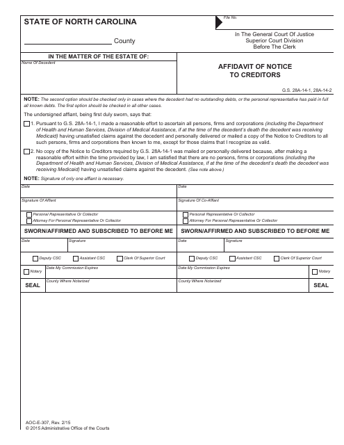 Form AOC-E-307 Affidavit of Notice to Creditors - North Carolina
