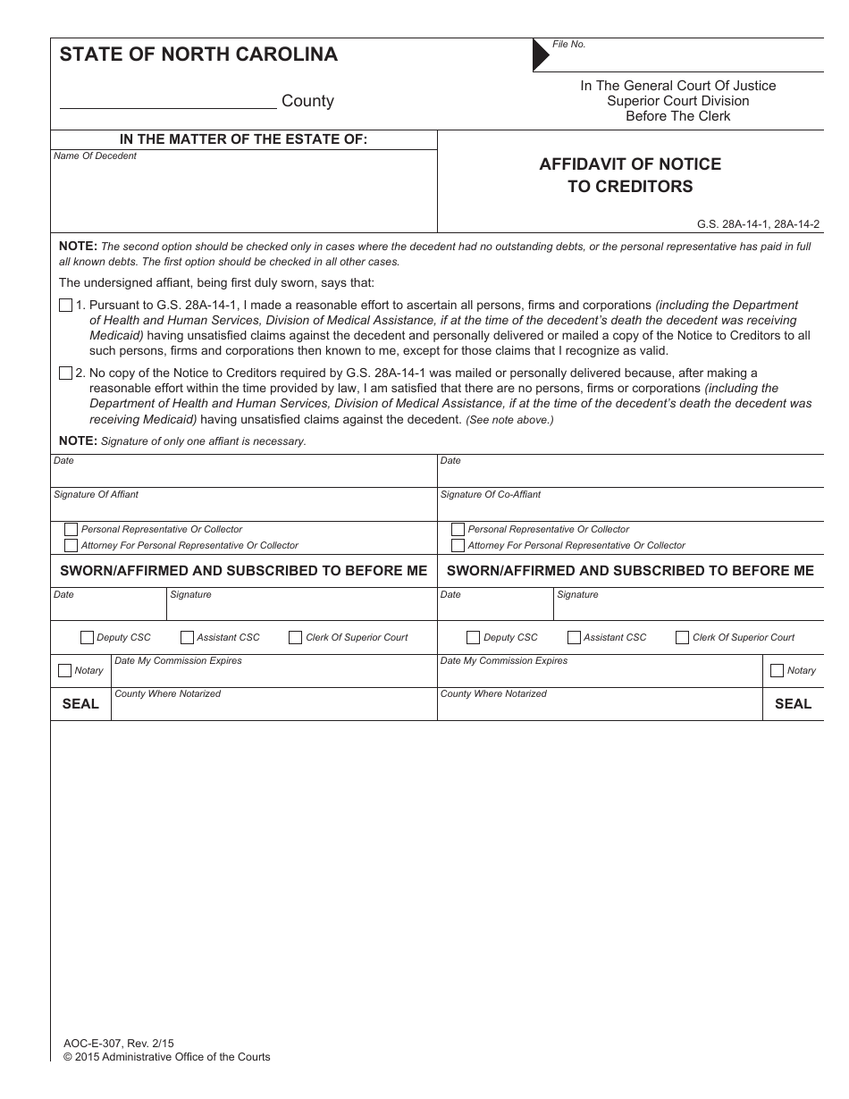 Form AOC-E-307 Affidavit of Notice to Creditors - North Carolina, Page 1