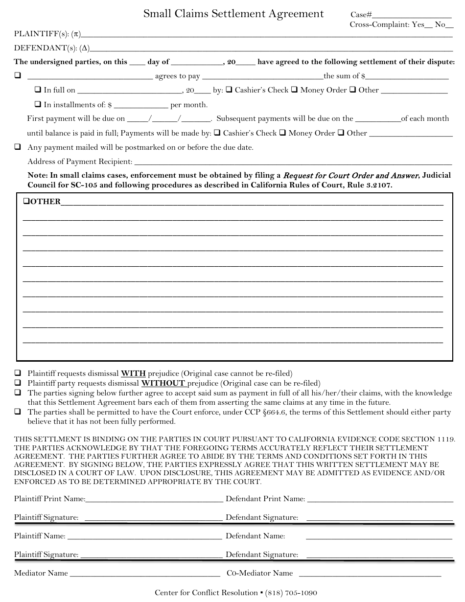 Small Claims Settlement Agreement Form - California, Page 1