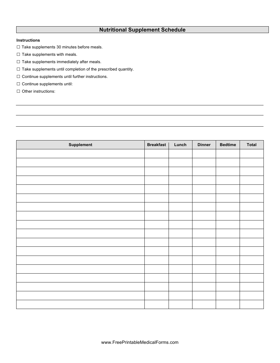 Nutritional Supplement Schedule Template Download Printable PDF