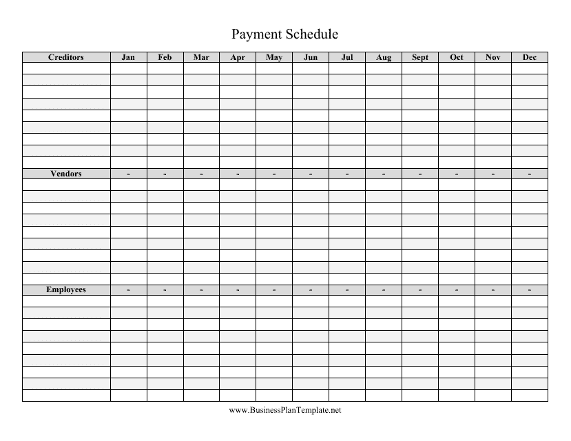 Payment Schedule Template Preview for Creditors, Vendors, Employees