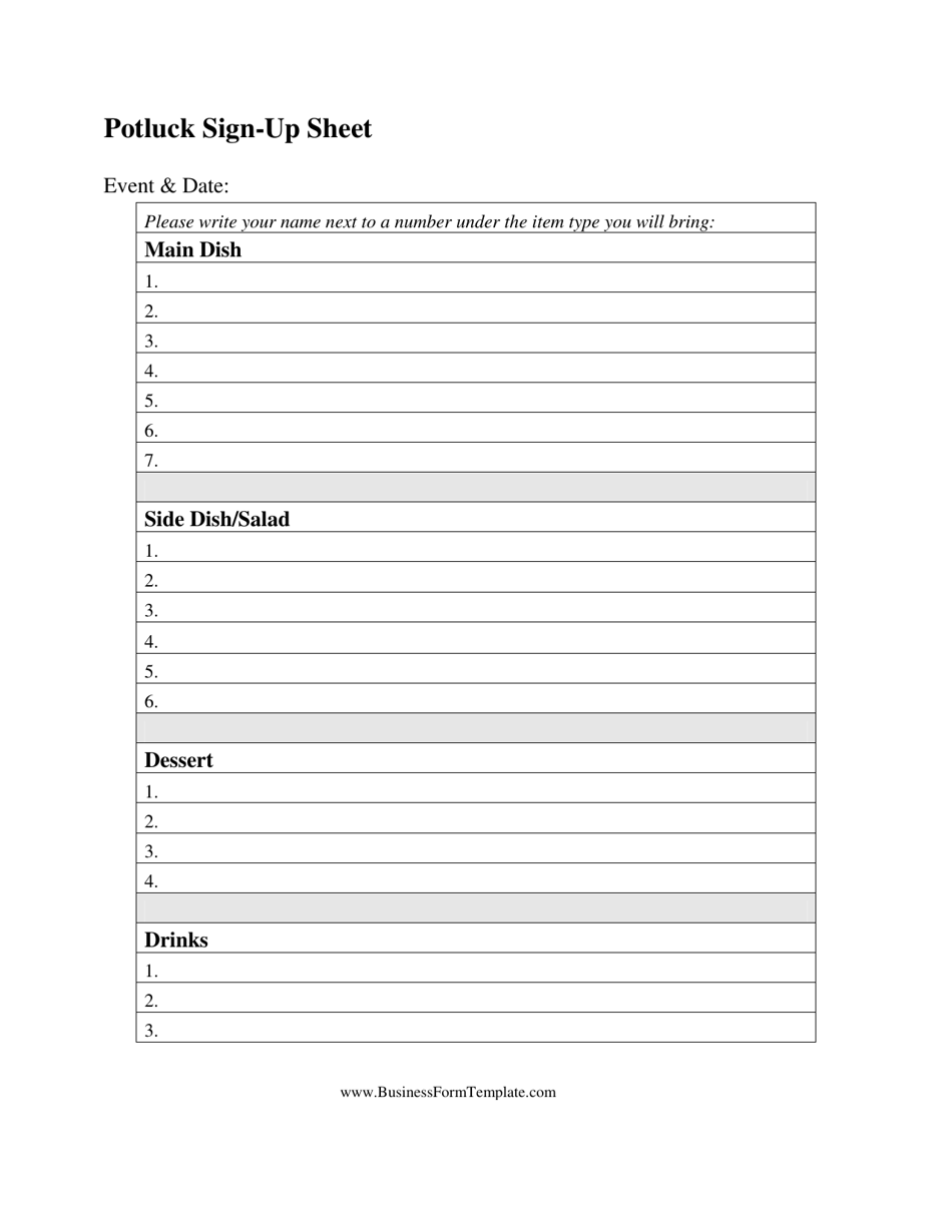 Potluck SignUp Sheet Template Download Printable PDF Templateroller