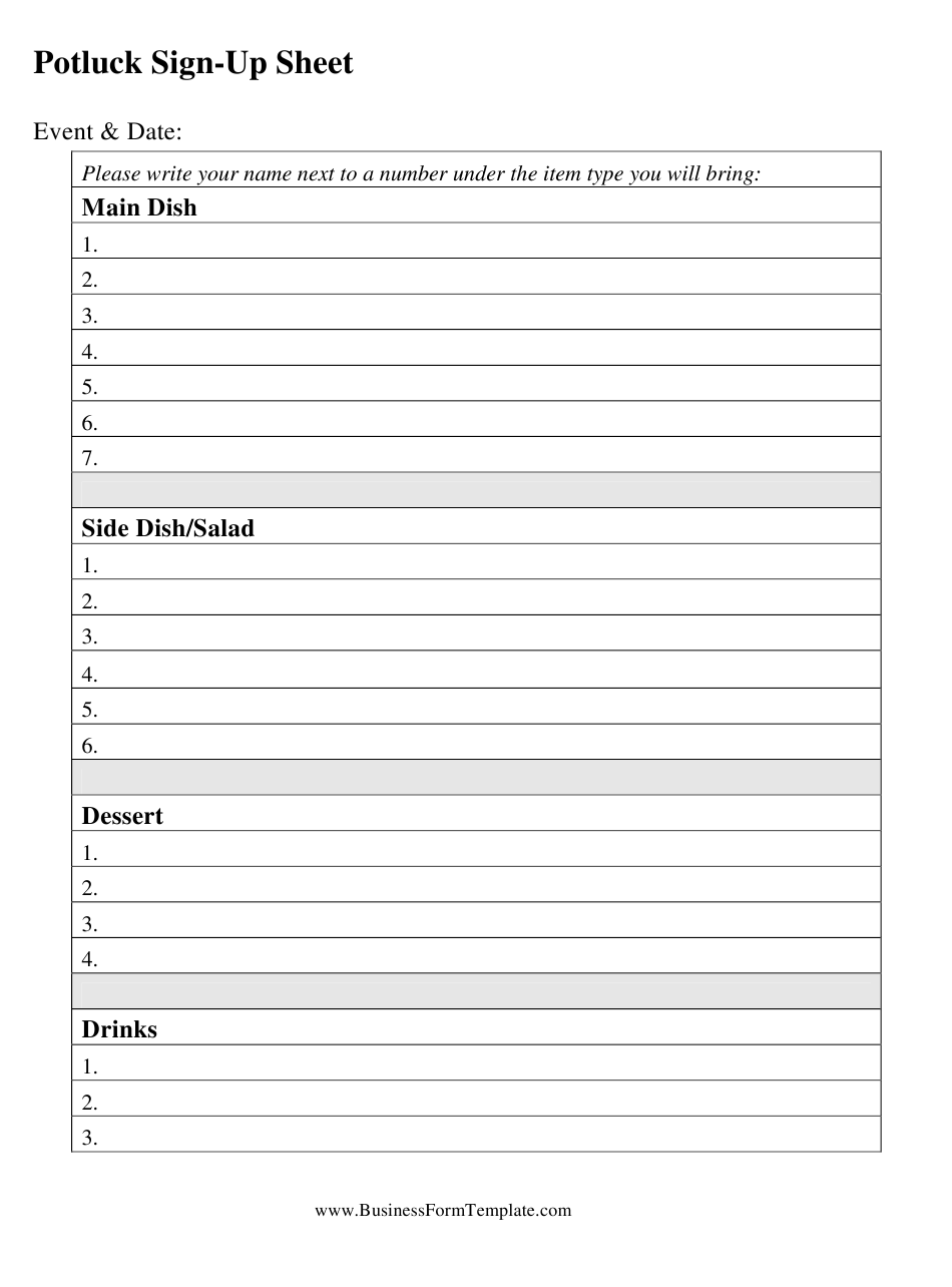 Potluck Sign-Up Sheet Template Download Printable PDF  Templateroller Intended For Potluck Signup Sheet Template Word