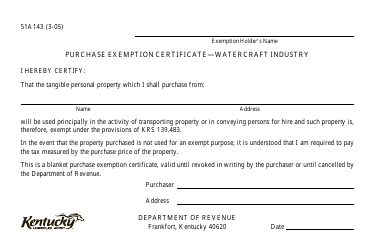 Document preview: Form 51A143 Purchase Exemption Certificate - Watercraft Industry - Kentucky