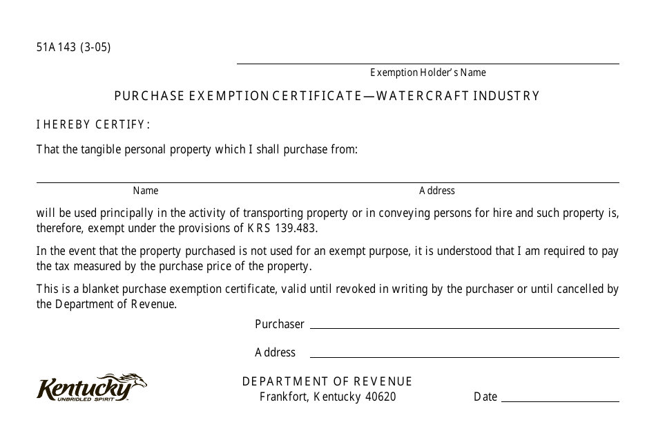 Form 51A143 Purchase Exemption Certificate - Watercraft Industry - Kentucky, Page 1