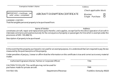 Form 51A150 &quot;Aircraft Exemption Certificate&quot; - Kentucky