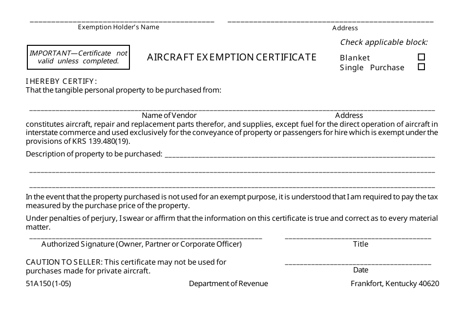 Form 51A150 Aircraft Exemption Certificate - Kentucky, Page 1