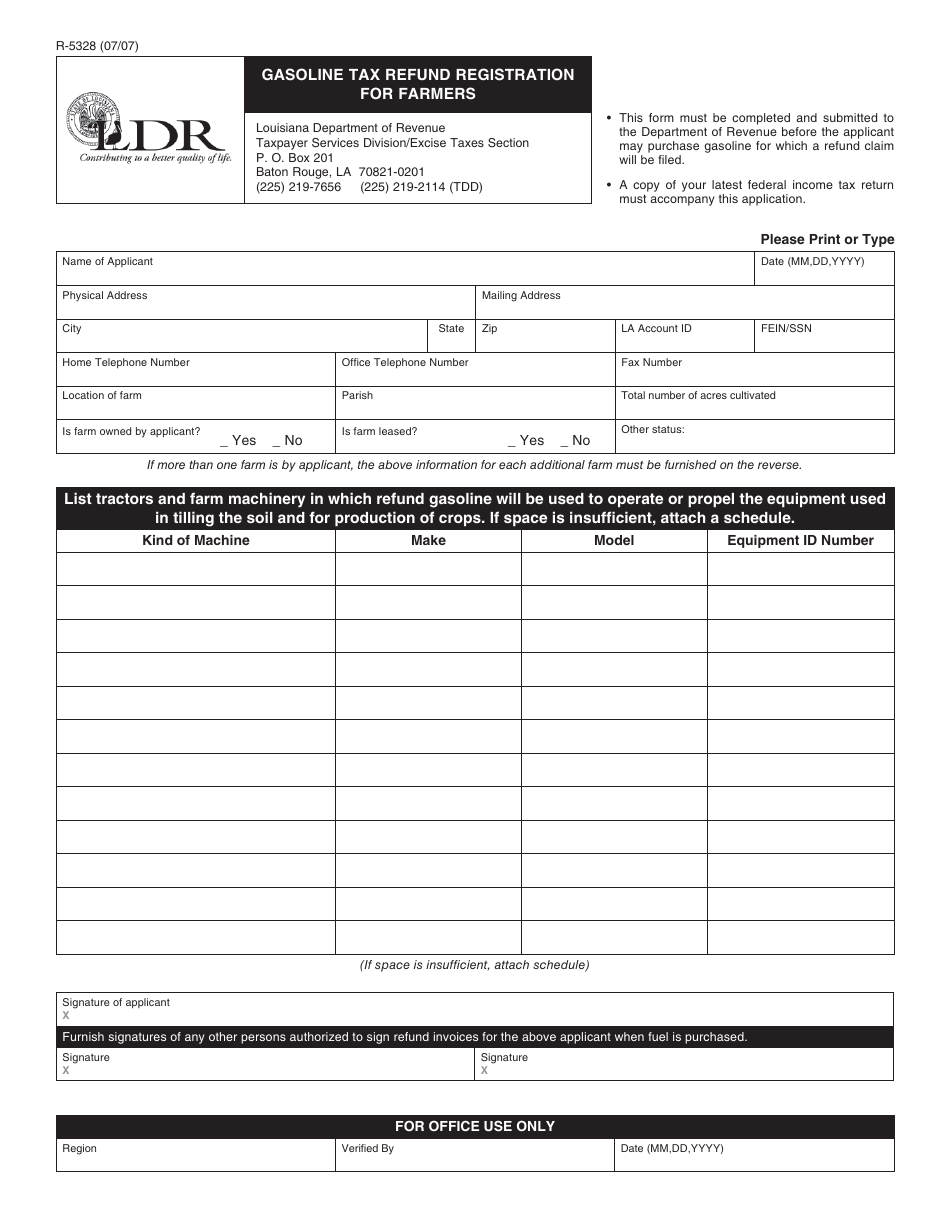 Form R-5328 Gasoline Tax Refund Registration for Farmers - Louisiana, Page 1