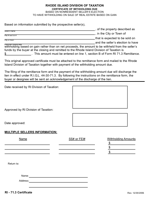 Form RI-71.3 Certificate of Withholding Due - Rhode Island