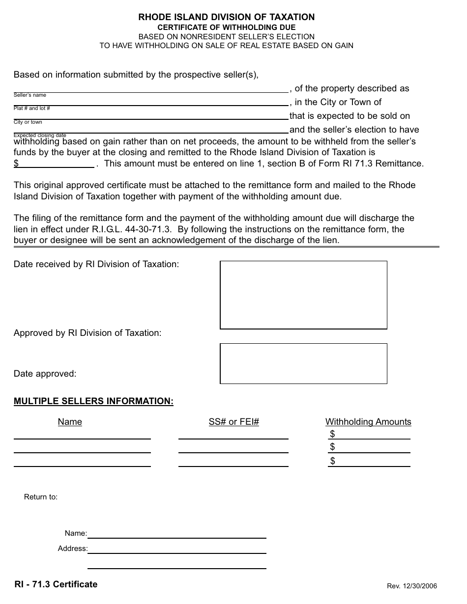 Form RI-71.3 Certificate of Withholding Due - Rhode Island, Page 1