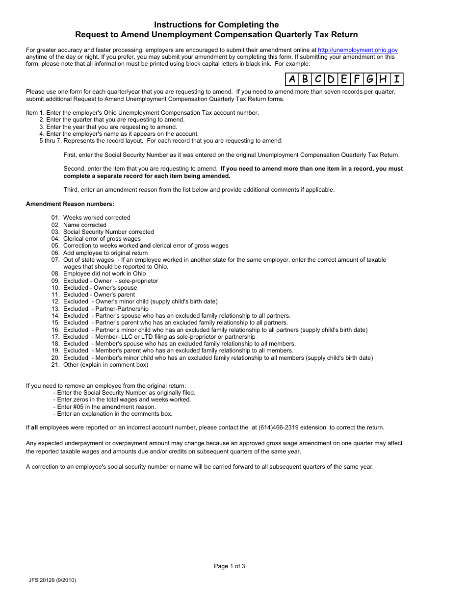 Instructions for Form JFS20129 Request to Amend Unemployment Compensation Quarterly Tax Return - Ohio, Page 1