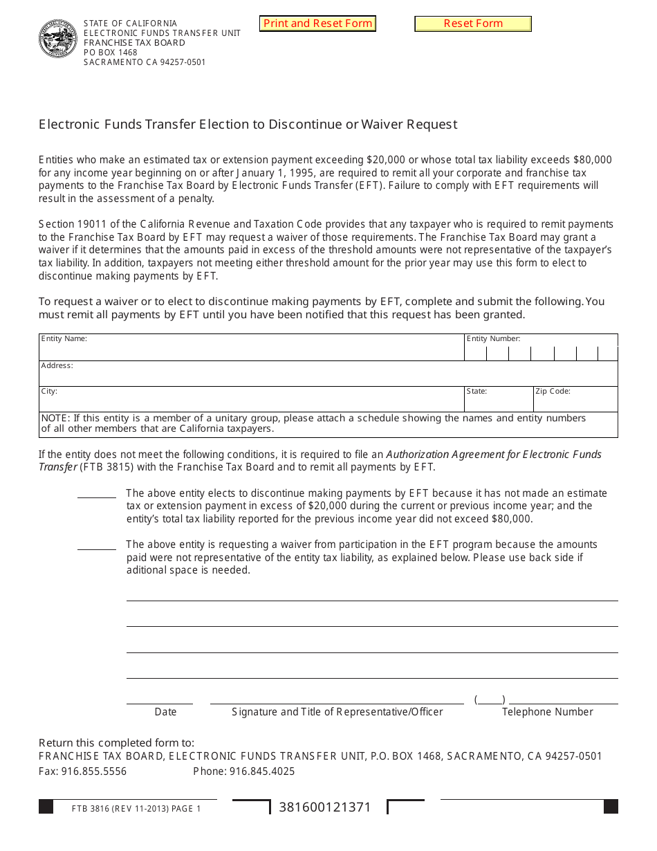 Form FTB3816 Electronic Funds Transfer Election to Discontinue or Waiver Request - California, Page 1