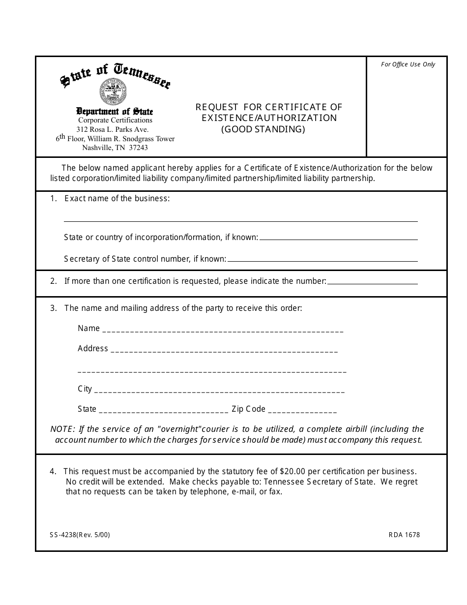 Form SS-4238 Request for Certificate of Existence / Authorization (Good Standing) - Tennessee, Page 1