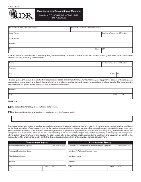 Form R-1072 Manufacturer's Designation of Mandate - Louisiana