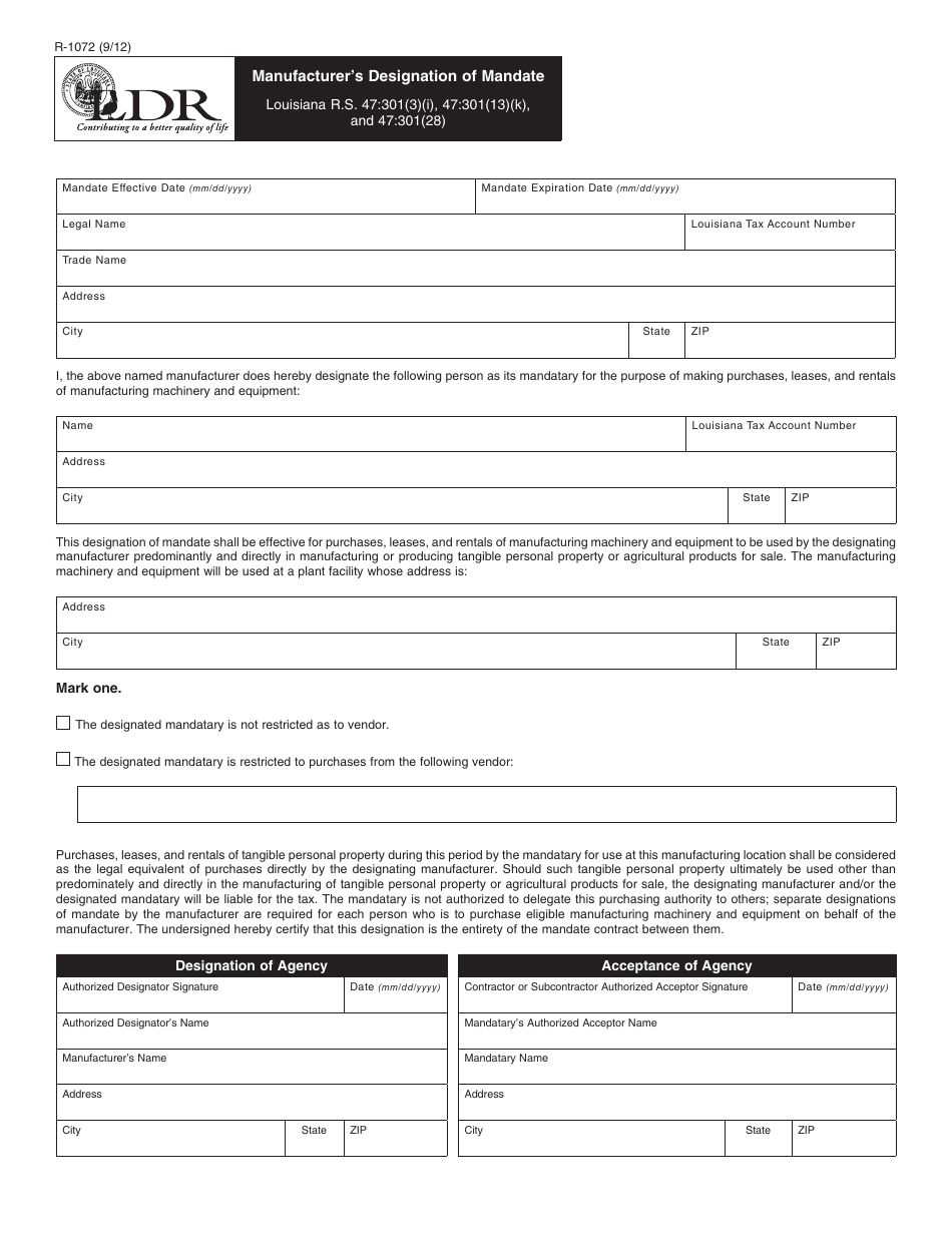 Form R-1072 Manufacturers Designation of Mandate - Louisiana, Page 1
