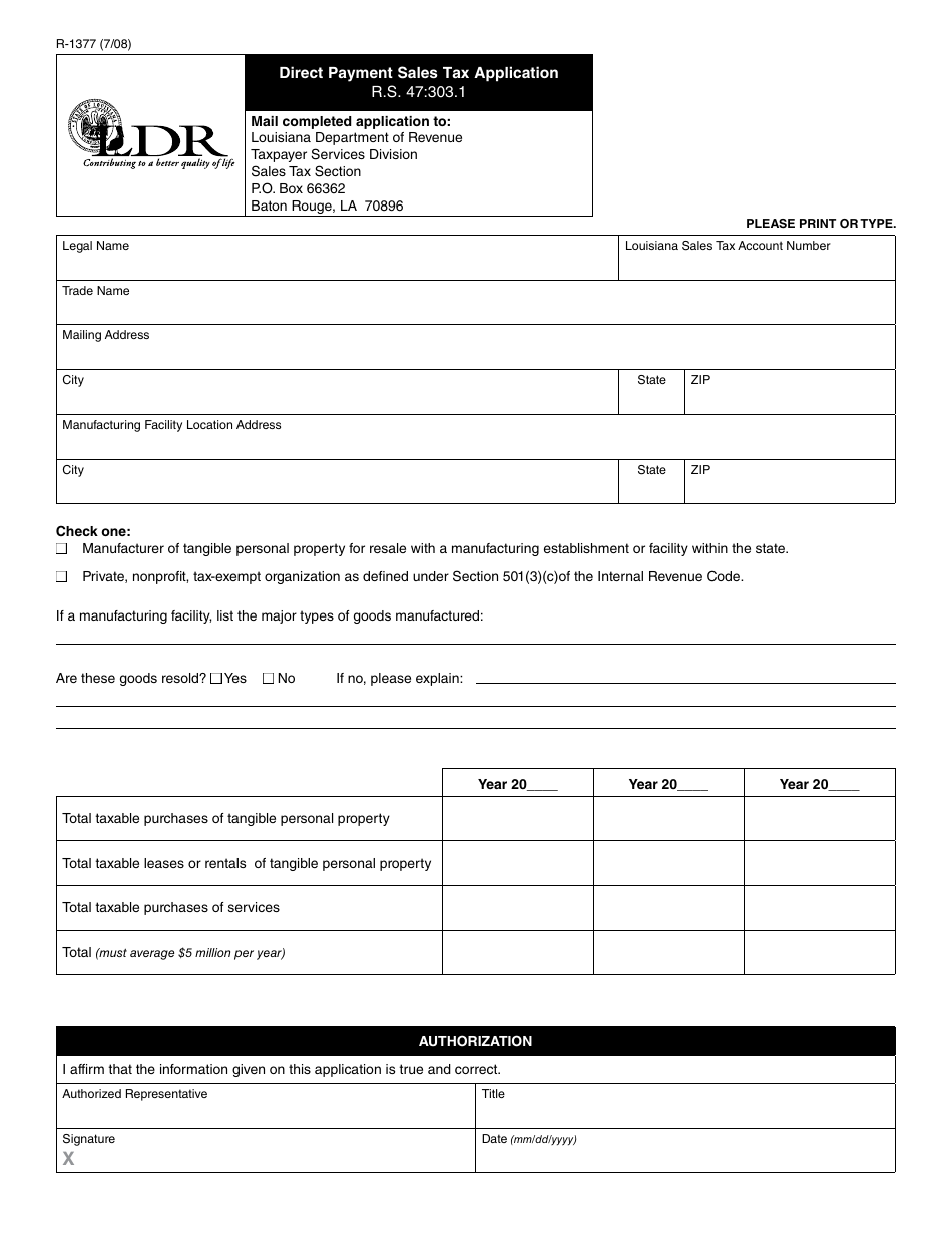 Form R-1377 Direct Payment Sales Tax Application - Louisiana, Page 1