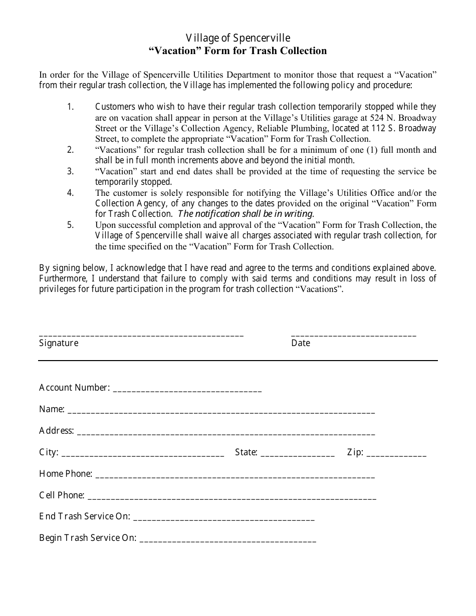 Vacation Form for Trash Collection - Village of Spencerville, Ohio, Page 1