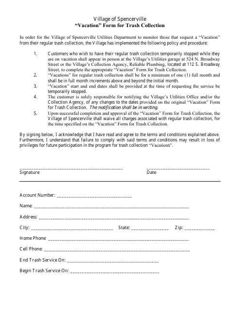 Vacation Form for Trash Collection - Village of Spencerville, Ohio Download Pdf