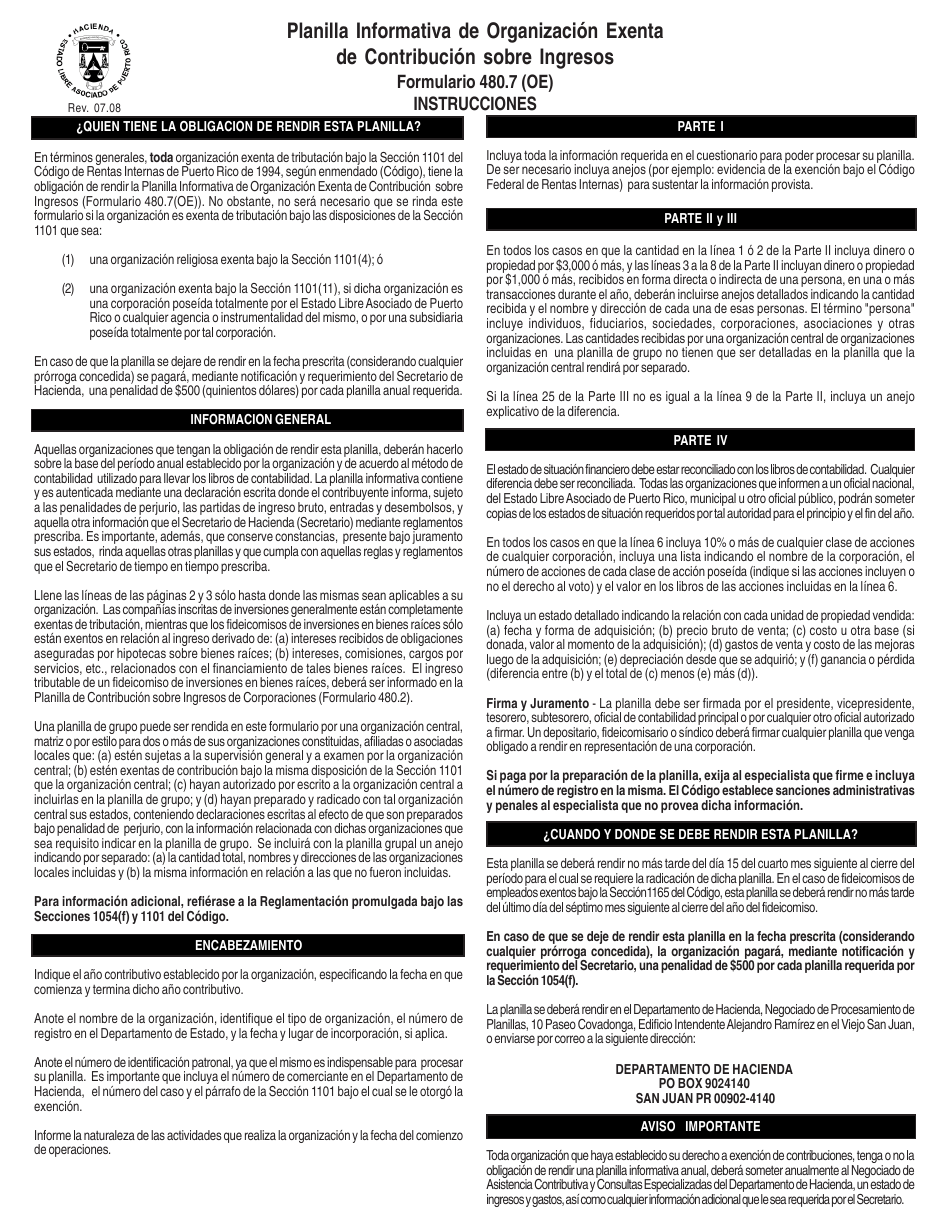 Instrucciones para Formulario 480.7 Planilla Informativa De Organizacion Exenta De Contribucion Sobre Ingresos - Puerto Rico (Puerto Rican Spanish), Page 1