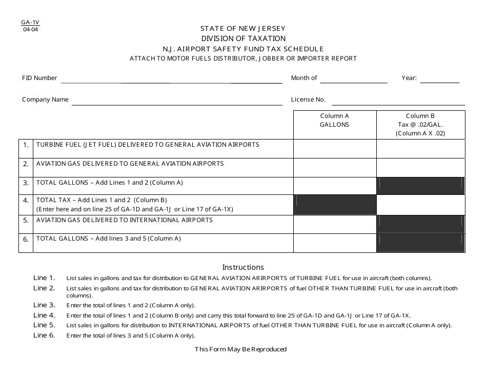 Form GA-1V N.j. Airport Safety Fund Tax Schedule - New Jersey, Page 1