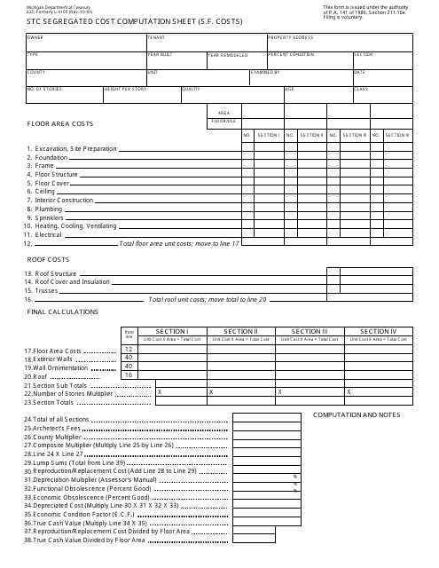 Form 622 Stc Segregated Cost Computation Sheet (S.f. Costs) - Michigan