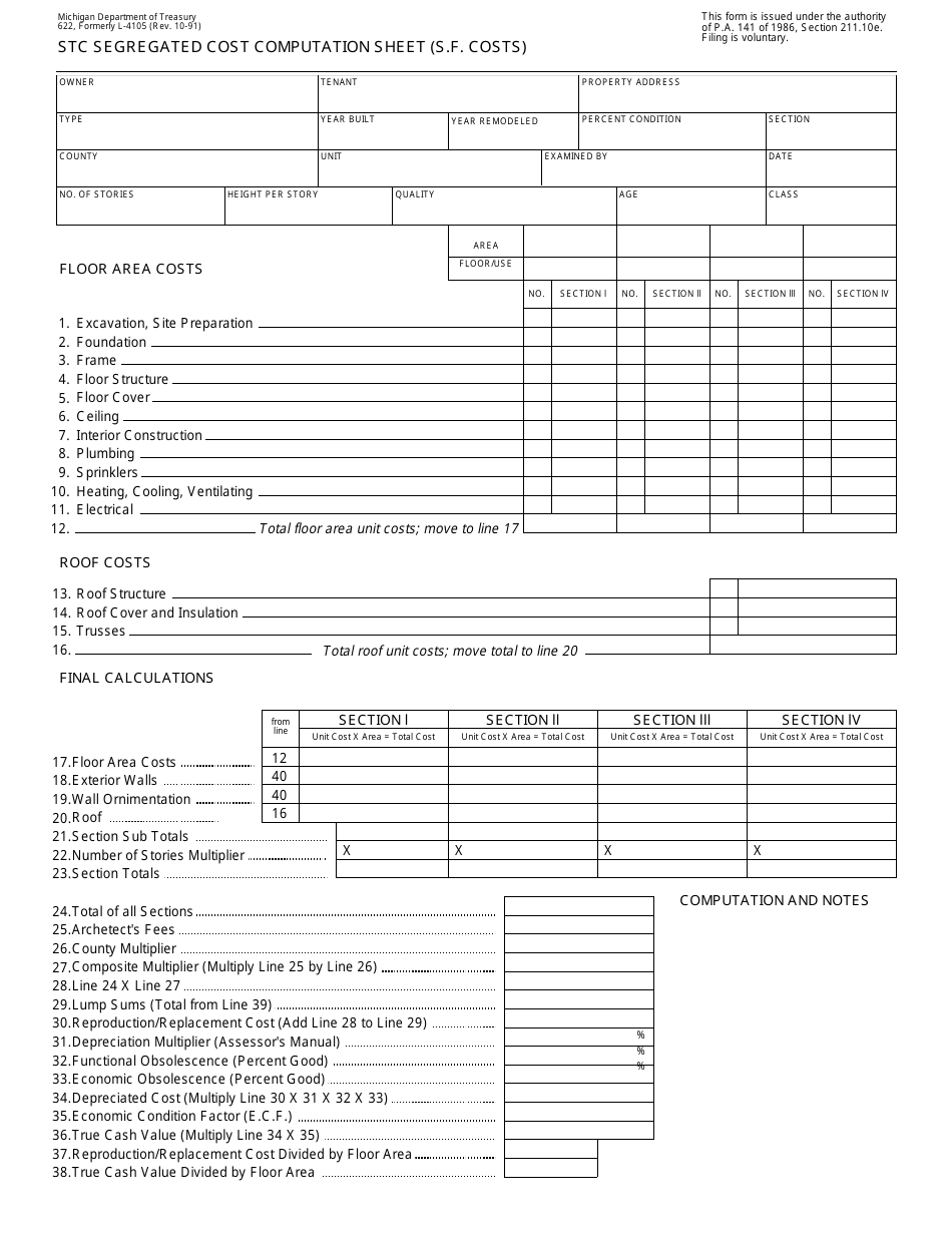 Form 622 Stc Segregated Cost Computation Sheet (S.f. Costs) - Michigan, Page 1