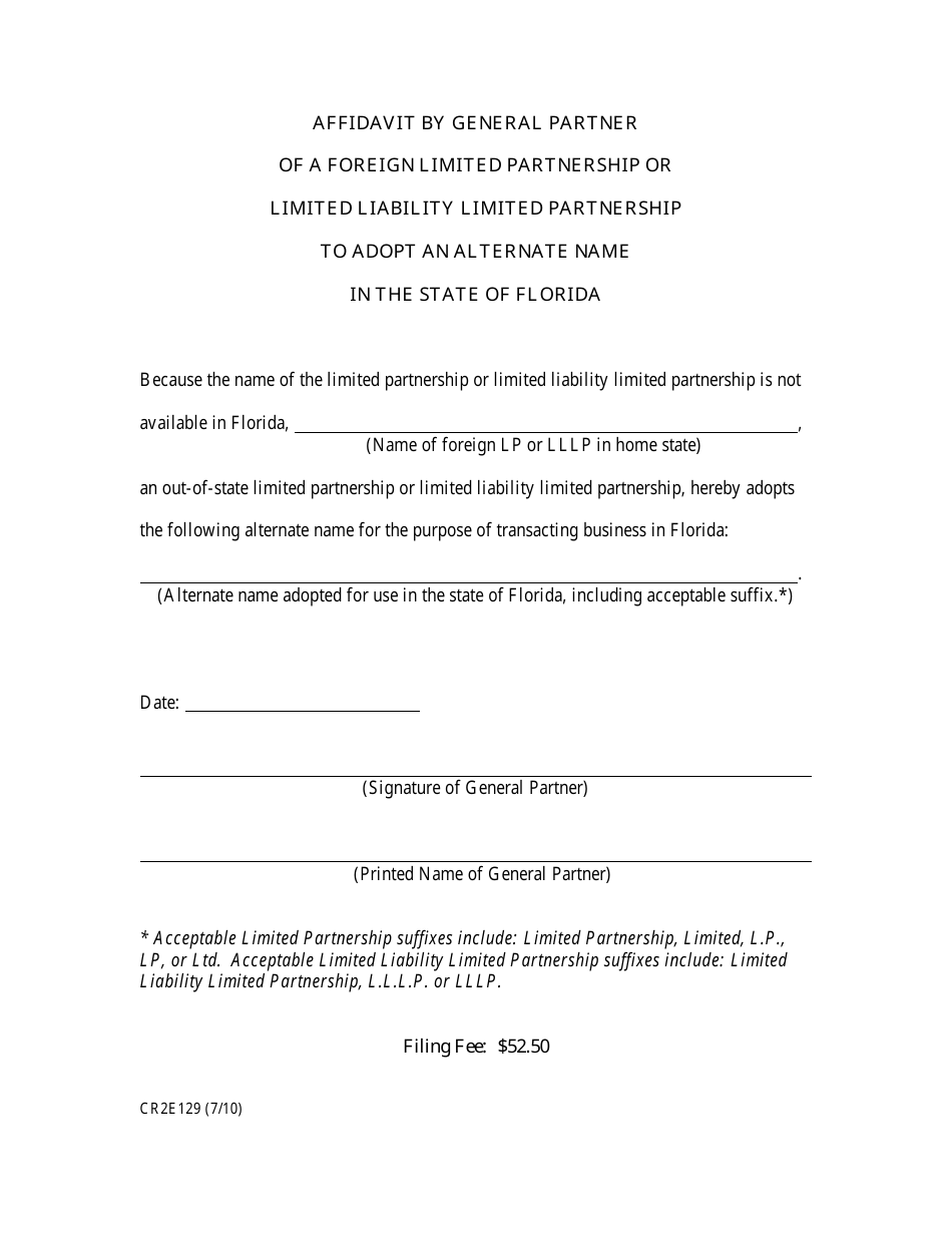Form CR2E129 Affidavit by General Partner of a Foreign Limited Partnership or Limited Liability Limited Partnership to Adopt an Alternate Name in the State of Florida - Florida, Page 1