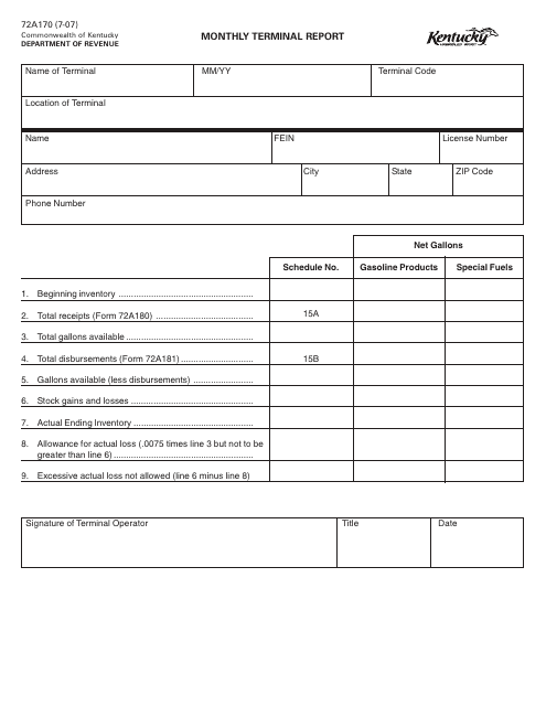 Form 72A170 Monthly Terminal Report - Kentucky