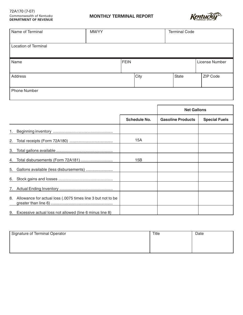 Form 72A170 Monthly Terminal Report - Kentucky, Page 1