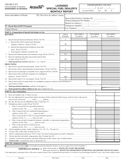 Form 72A138 Licensed Special Fuel Dealer's Monthly Report - Kentucky