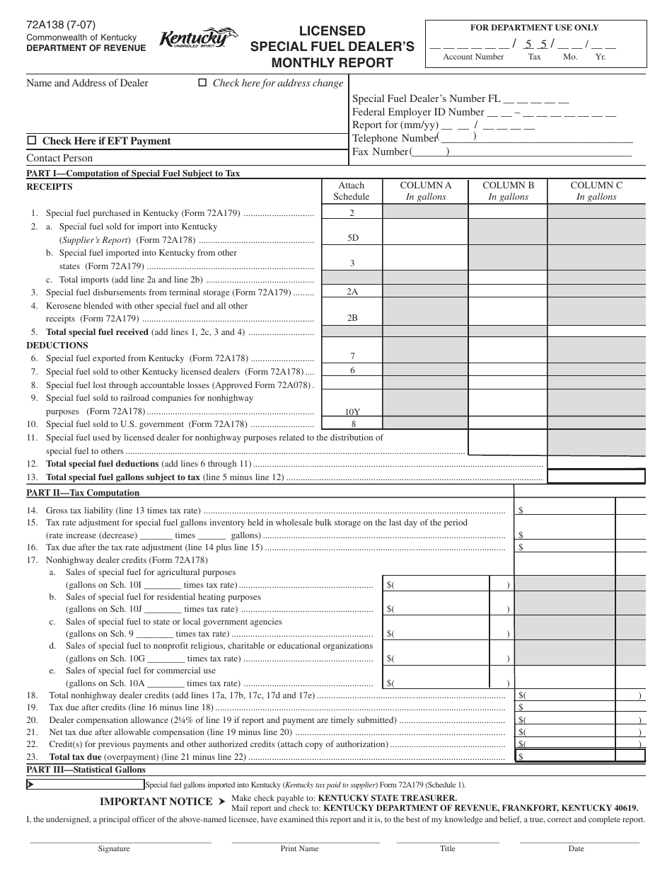 Form 72A138 Licensed Special Fuel Dealers Monthly Report - Kentucky, Page 1