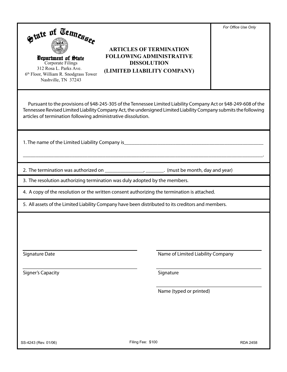Form SS-4243 Articles of Termination Following Administrative Dissolution (Limited Liability Company) - Tennessee, Page 1
