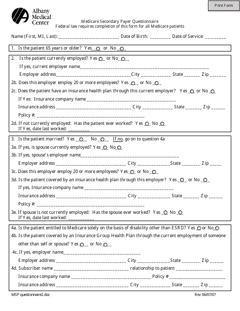 &quot;Medicare Secondary Payer Questionnaire Template - Albany Medical Center&quot; Download Pdf