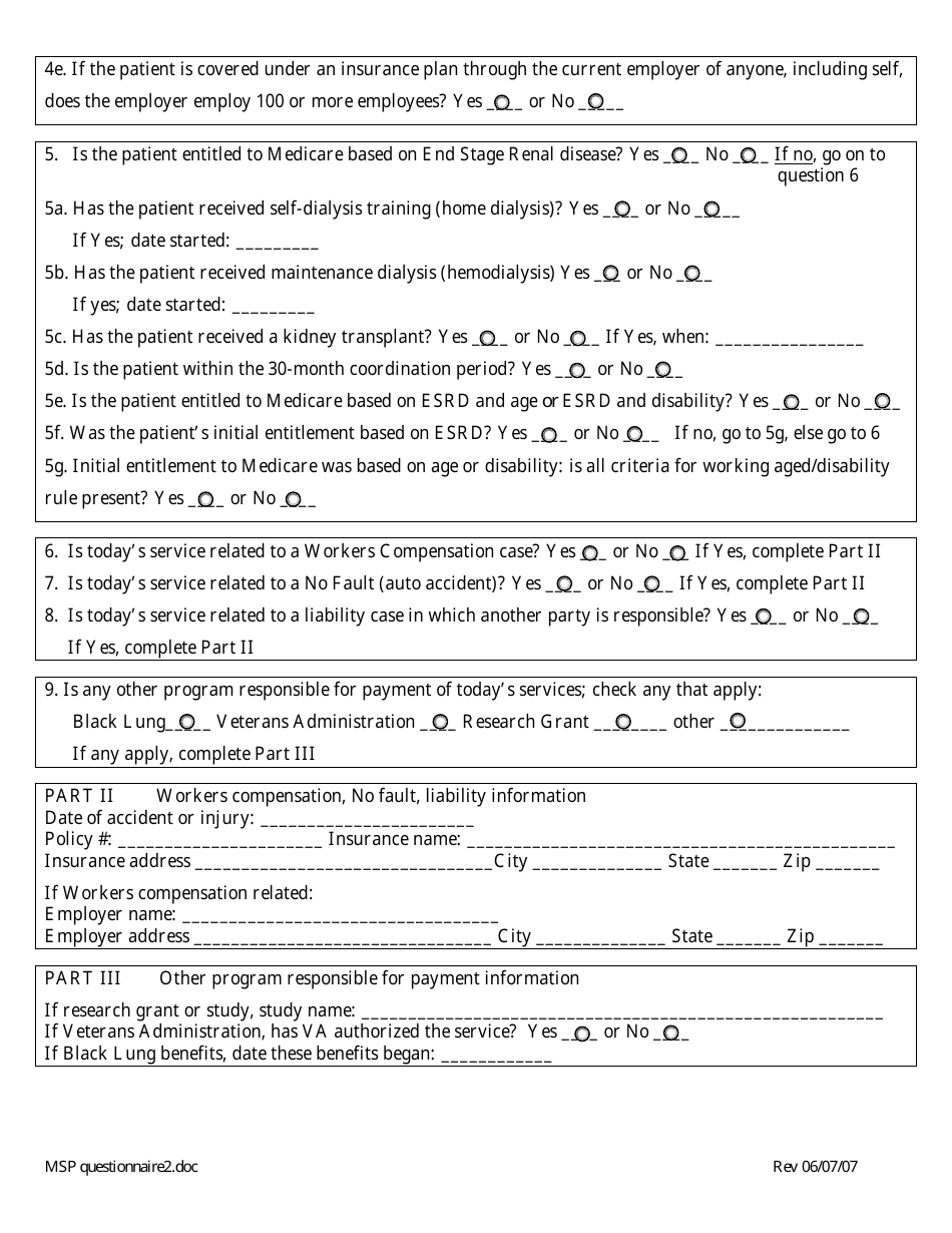 Medicare Secondary Payer Questionnaire Template Albany Medical Center