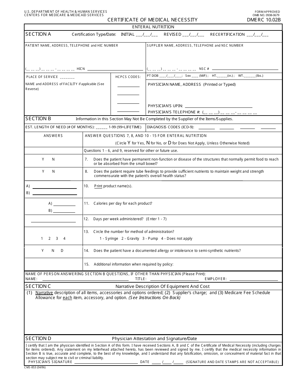 Form CMS-853 Certificate of Medical Necessity, Page 1