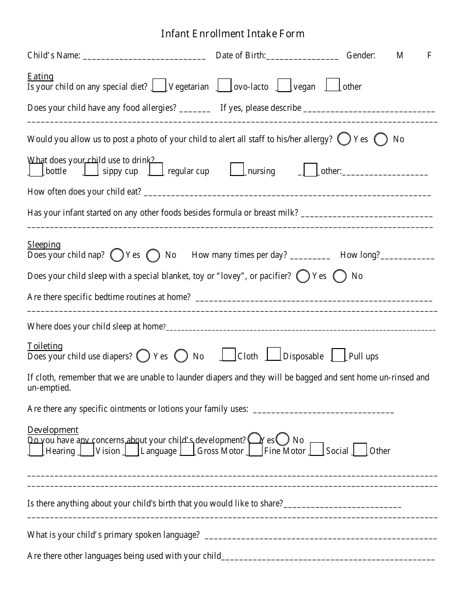 Infant Enrollment Intake Form, Page 1