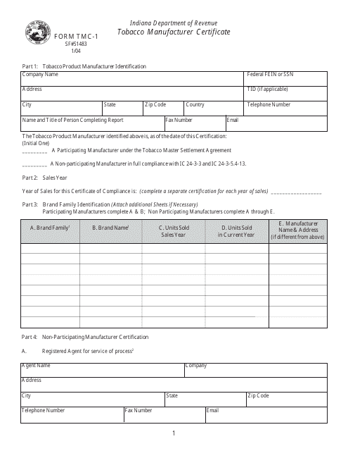 Form TMC-1 (SF51483) Tobacco Manufacturer Certificate - Indiana