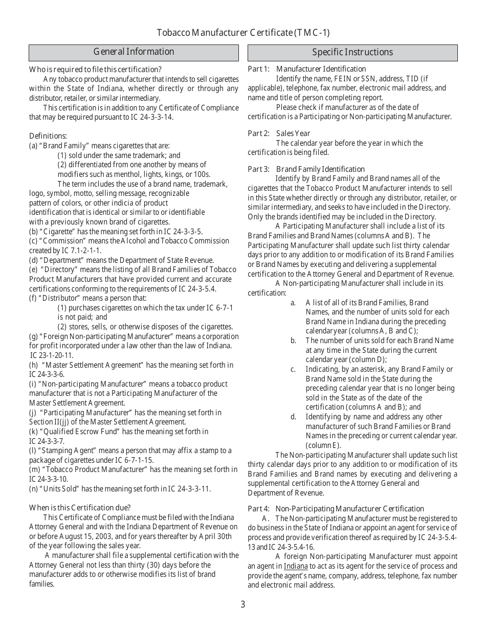 Form TMC-1 (SF51483) Tobacco Manufacturer Certificate - Indiana, Page 3
