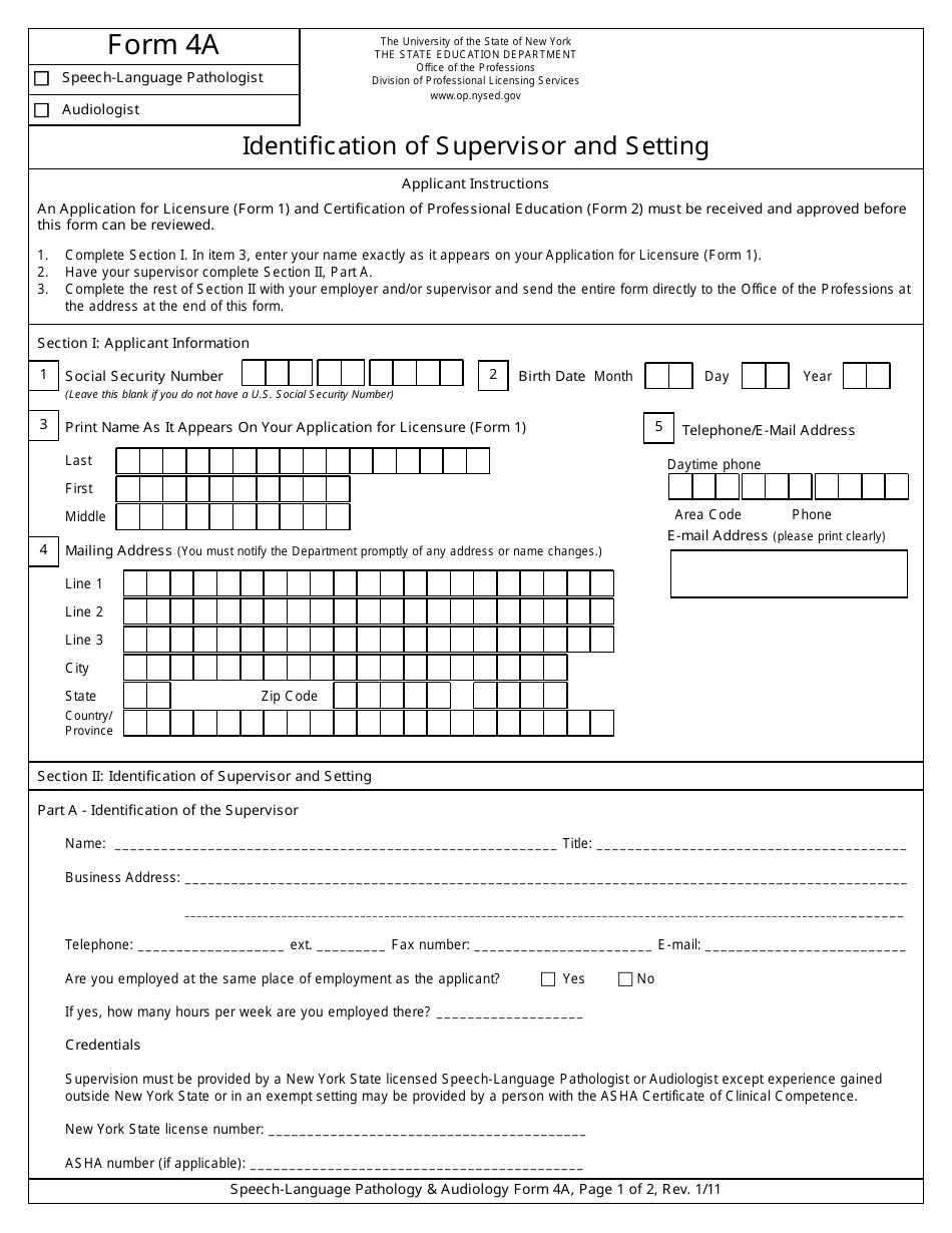 Form 4A Speech-Language Pathologyaudiology Form - the University of the State of New York - New York, Page 1