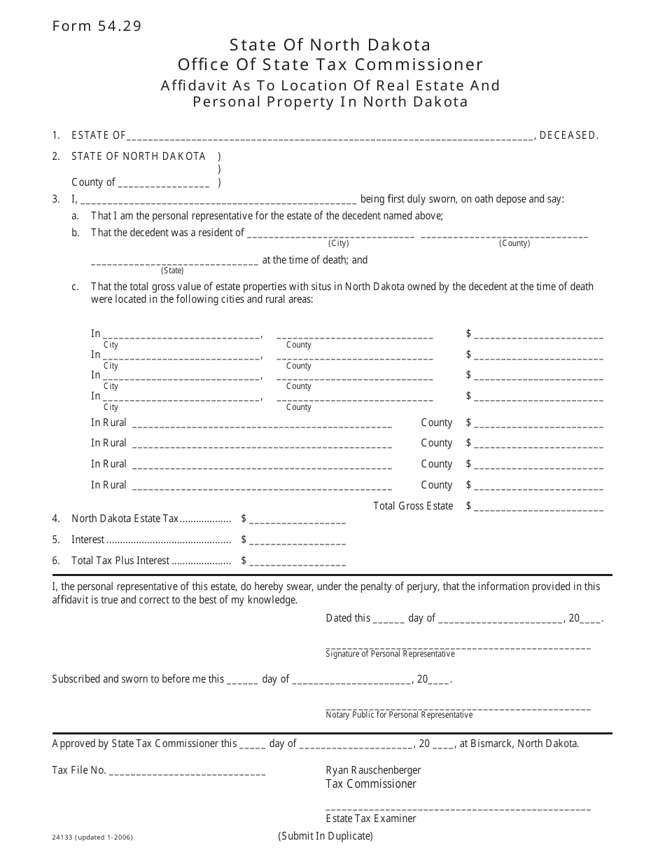 Form 54.29 (24133) Affidavit as to the Location of Real Estate and Personal Property in North Dakota - North Dakota, Page 1