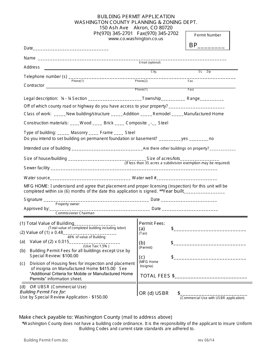 Building Permit Application Form - Washington County, Colorado, Page 1