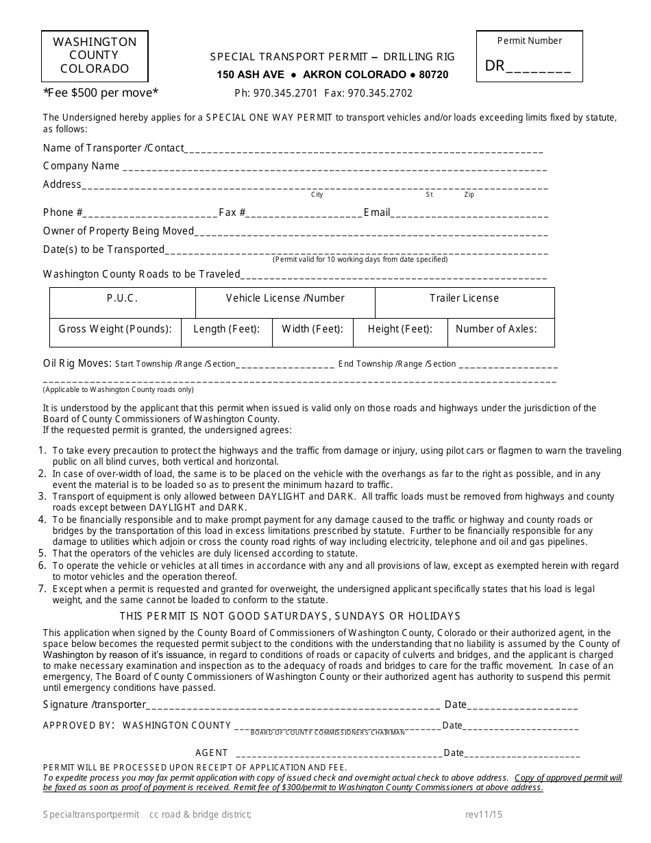 Washington County, Colorado Special Transport Permit Drilling Rig