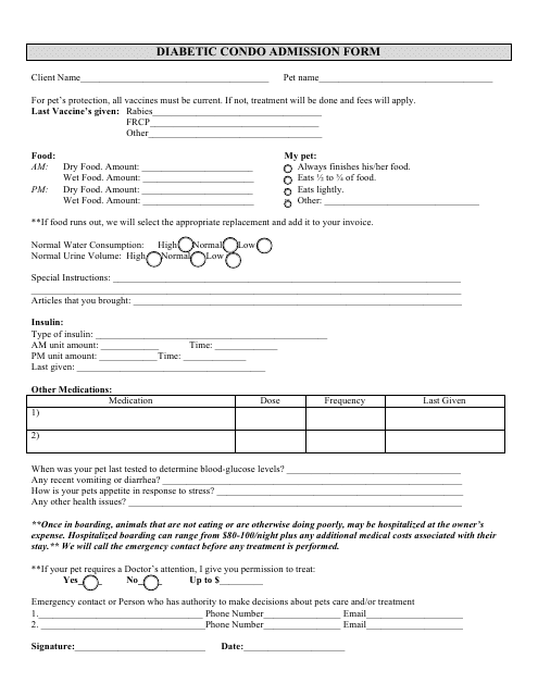 Diabetic Condo Admission Form for Pets Download Pdf