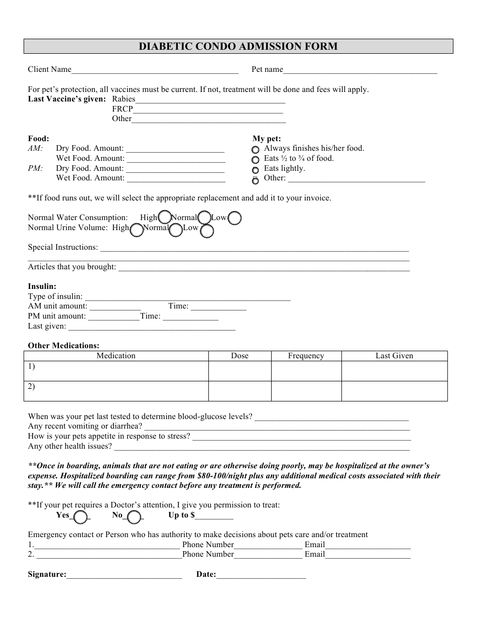 Diabetic Condo Admission Form for Pets, Page 1