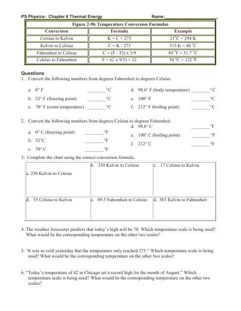 Ps Physics: Chapter 6 Thermal Energy Worksheet - Jayne Heier, Brookings